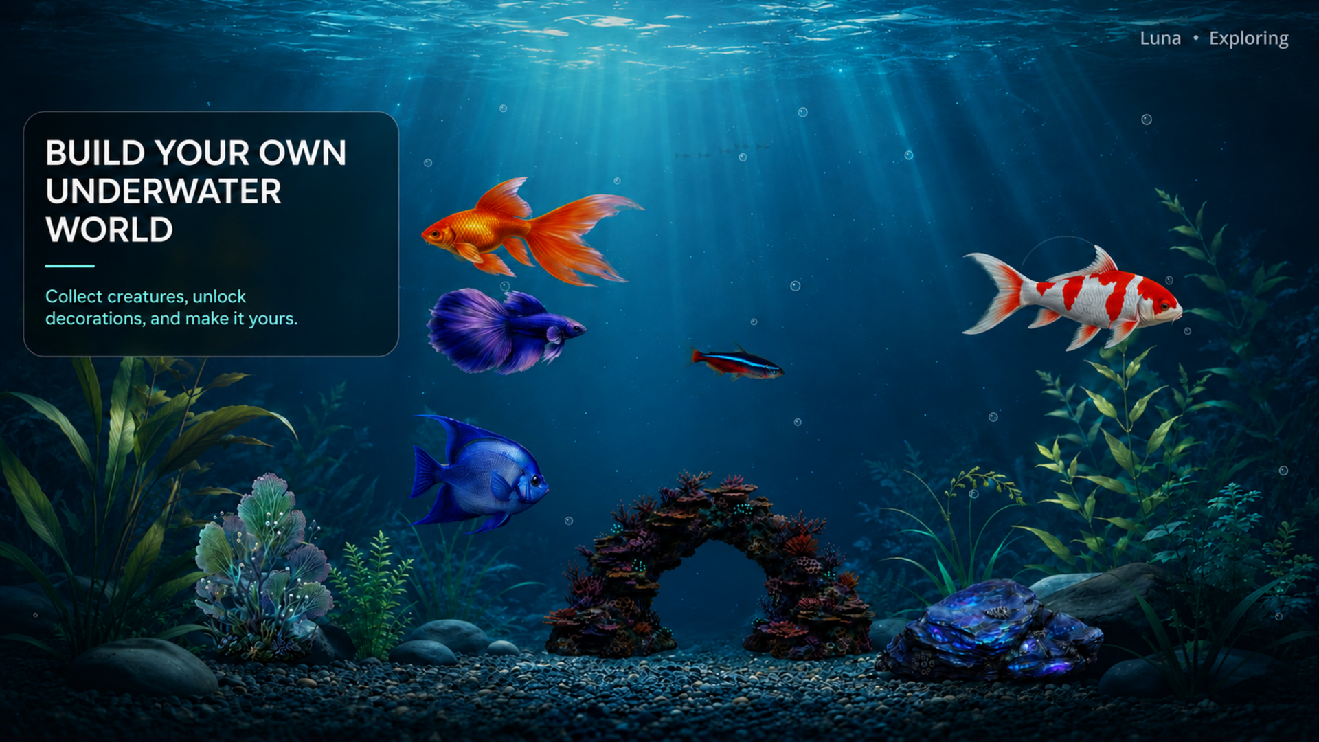 A customized underwater world with colorful fish and decorations