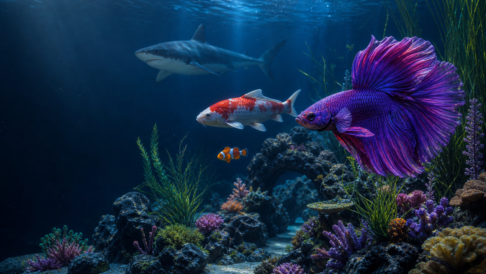 Betta, koi, pez payaso y tiburón prémium nadando a distintas profundidades