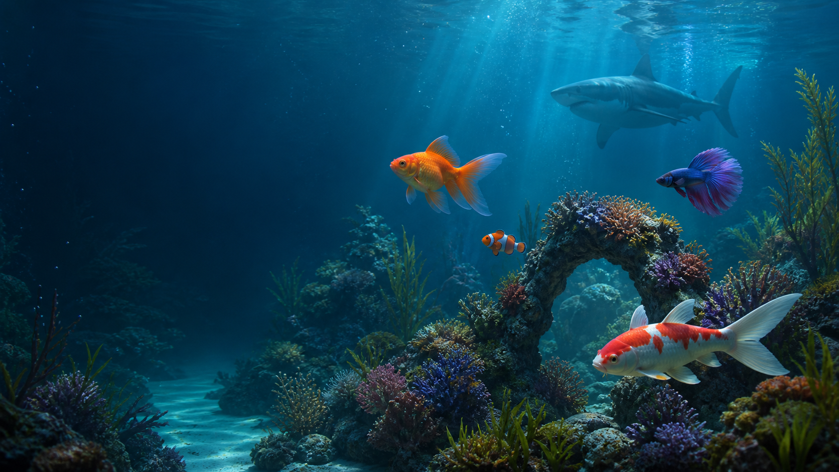 Acuario 3D vivo con pez dorado, pez payaso, koi, betta y tiburón